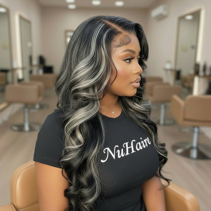 Side view of a Model wearing silver grey highlight body wave wig showing natural movement and dimensional color