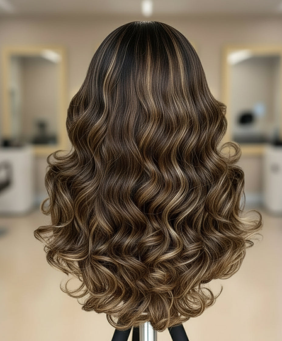 Back view of a 13x4 Transparent lace front human hair wig displayed on a mannequin head showing full 250% density volume, rich bronde highlight, natural hairline, long cascading waves, European human hair, and body wave texture with blurred background