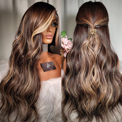 Caramel Brown Lace Front Wavy Wig with Ash Blonde Highlights