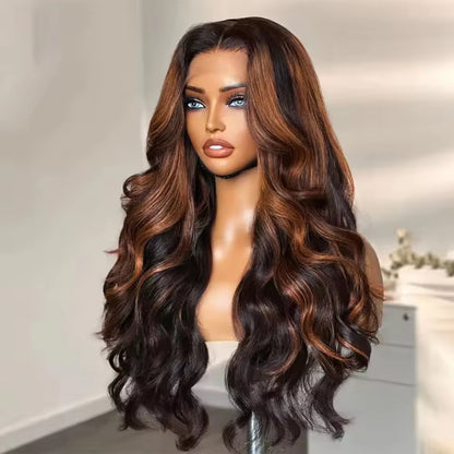 13x4/ 13x6 Transparent lace front human hair wig displayed on a mannequin head showing full volume, rich bronze balayage color, natural hairline, long cascading waves, European human hair, and natural wavy texture