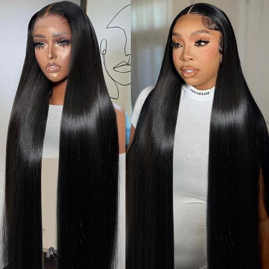 Side by side image - Brazilian silky straight 13x4 transparent lace front wig displayed on mannequin head on left side, and model showing 250% density straight human hair wig, long even length and full volume texture on the right side