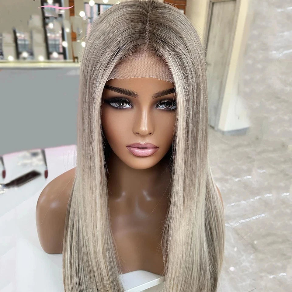 Mannequin head with a European Human Hair wig. Up close angle of high-quality texture, natural hairline, 13x6 lace front, and ash grey blonde highlight color