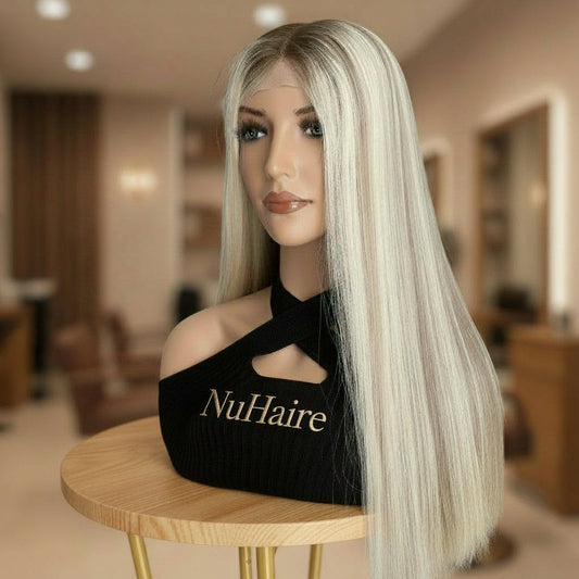 Side view of platinum ash blonde wig showcasing silky straight texture and natural movement