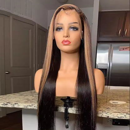 Honey blonde highlight silky straight wig front view showing 4/27 color blend and 13x6 HD lace construction