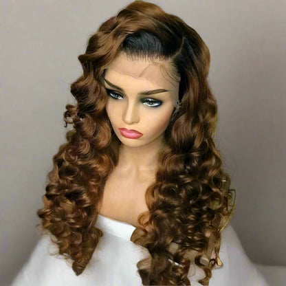 Chocolate brown curly wig showing transparent lace detail and natural bouncy texture