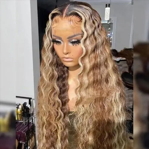 Honey Blonde Highlight Water Wave 13x4 Lace Front Wig on mannequin showcasing premium texture quality and dimensional highlight color in a salon setting