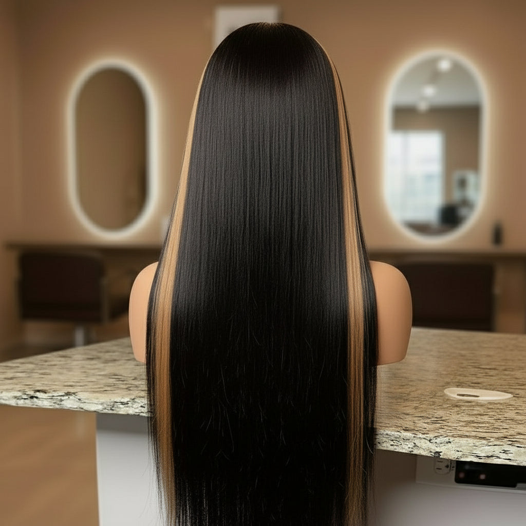Mannequin head with long brown wig on a table in a salon setting