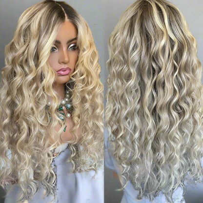 Side by side view of ash blonde highlight loose wave wig showing front and back styling versatility