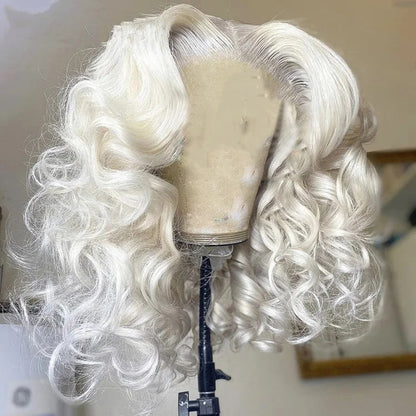 Platinum blonde loose curly wig alternate view displaying ultra-light blonde color and bounce
