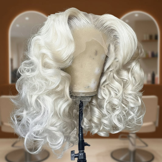 Platinum blonde loose curly wig alternate view displaying ultra-light blonde color and bounce