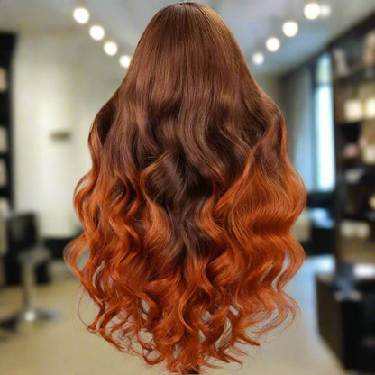 Back view of ginger ombre body wave wig displaying full hair density and natural ombre color blend