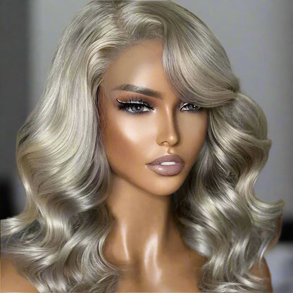Platinum grey blonde body wave wig showing lace front detail and ultra-realistic scalp appearance