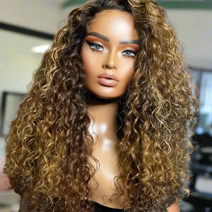 Honey blonde highlight 6x6 wig from alternate angle displaying curly texture, HD Lace and color depth