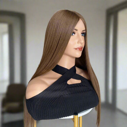 sienna brown glueless wig from side angle displaying warm-toned sophistication and sleek styling