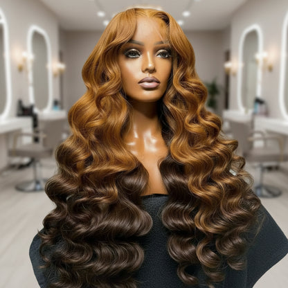 Ginger brown ombre wig on mannequin showcasing body wave texture and natural movement