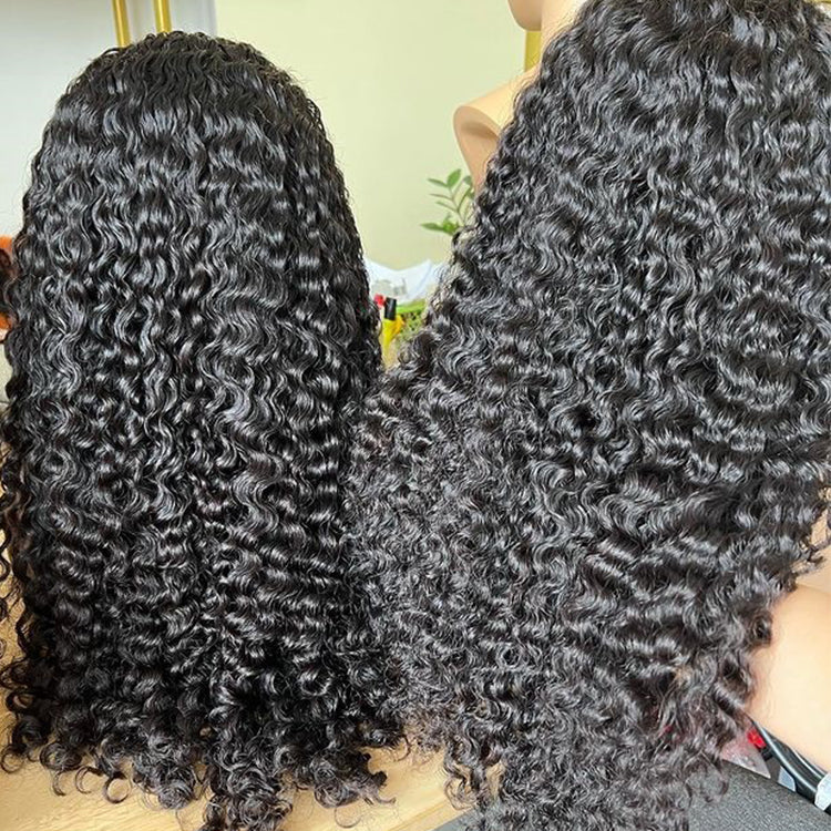 Two images of 13x4 Transparent lace front raw burmese curly human hair wig displayed on a mannequin head showing full 250% density, rich natural black color, and raw burmese curly texture