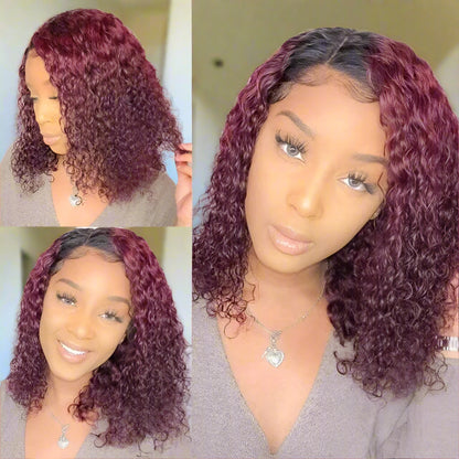 A burgundy ombre 1B/99J curly bob wig on a model, with close-up images showing the wig's texture and color progression from natural black to burgundy in the sunlight