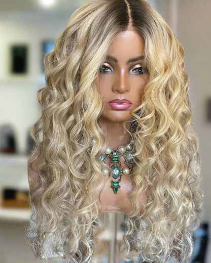 Close-up front view of cool ash blonde highlight wig displaying sophisticated color depth and natural hairline