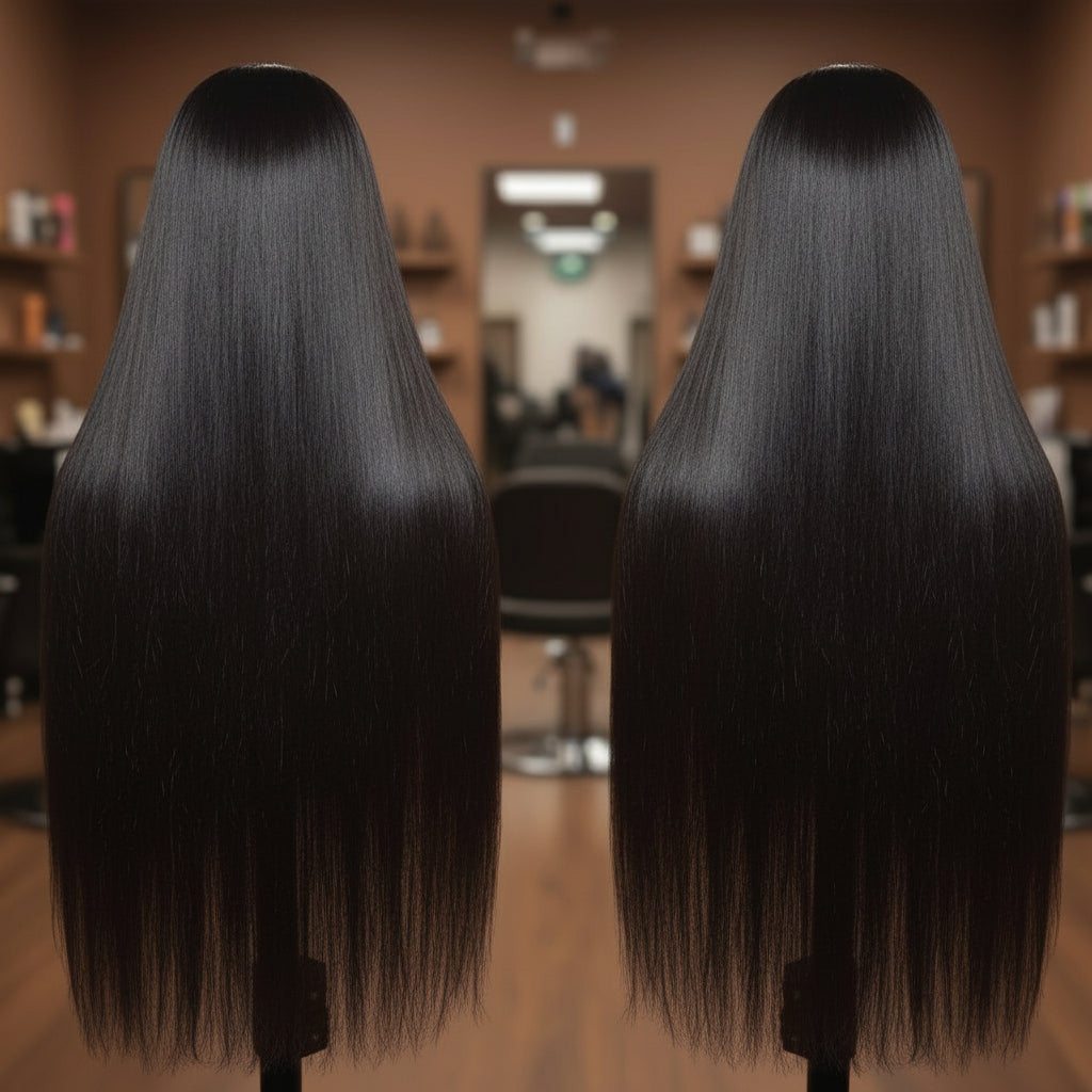 Back view of a Side by side image - Brazilian silky straight 13x4 transparent lace front wig displayed on mannequin head showing parting versatility on the left side, and up close images of pre-plucked, deep parting, and natural hairline on the right side
