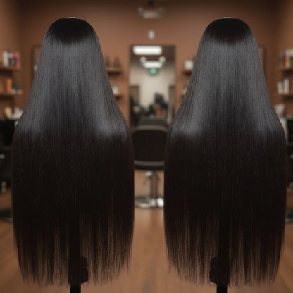 Back view of a Side by side image - Brazilian silky straight 13x4 transparent lace front wig displayed on mannequin head showing parting versatility on the left side, and up close images of pre-plucked, deep parting, and natural hairline on the right side