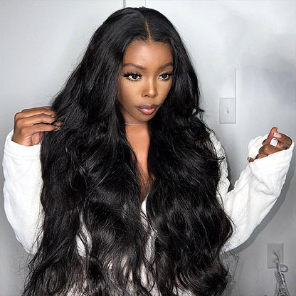 A woman is wearing a beginner-friendly NuHaire body wave wig with 180% density, providing full volume from root to tip, along with a 6x4 HD glueless lace closure.