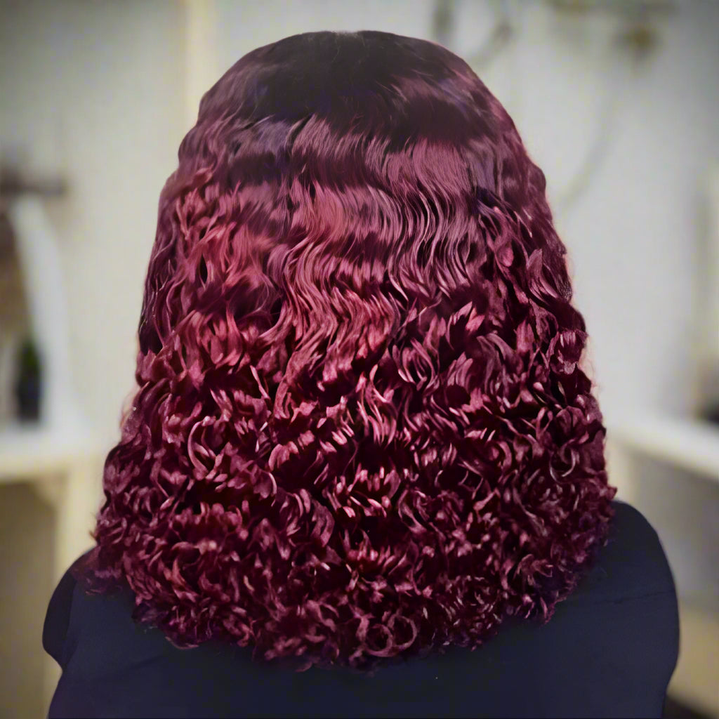 A 1B/99J burgundy ombre curly bob wig on a mannequin head, with close-up back view images showing the wig's texture and color progression from natural black to burgundy.