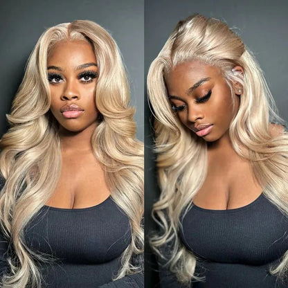 Ash Honey Blonde Body Wave 13x4 Wig on model alternate angle highlighting body wave texture and honey blonde color
