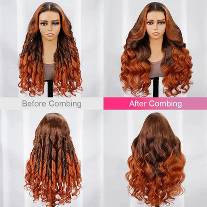 Before and after styling of ginger ombre precut glueless wig showing natural texture and styled body wave movement