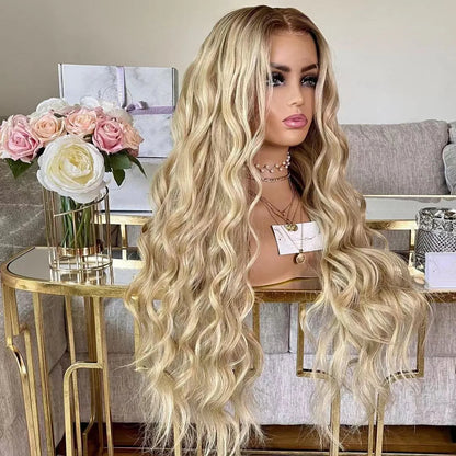 European human hair shadow root Side view of Blonde 13x4 lace front loose wave wig displayed on a mannequin head showcasing texture, color, length, and natural density with a decorative background