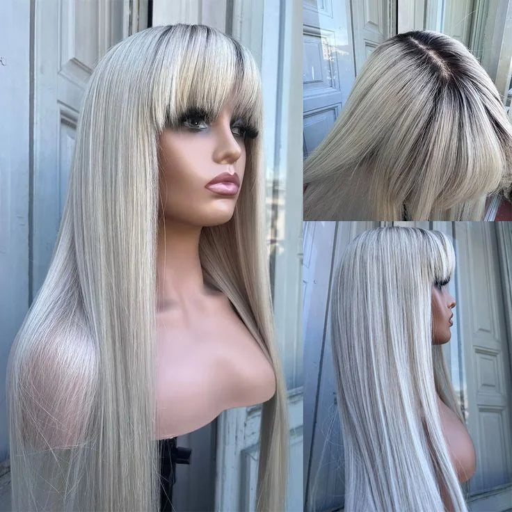 Ready to Wear 250 Density Straight Ash Blonde Highlight Wig with Bang