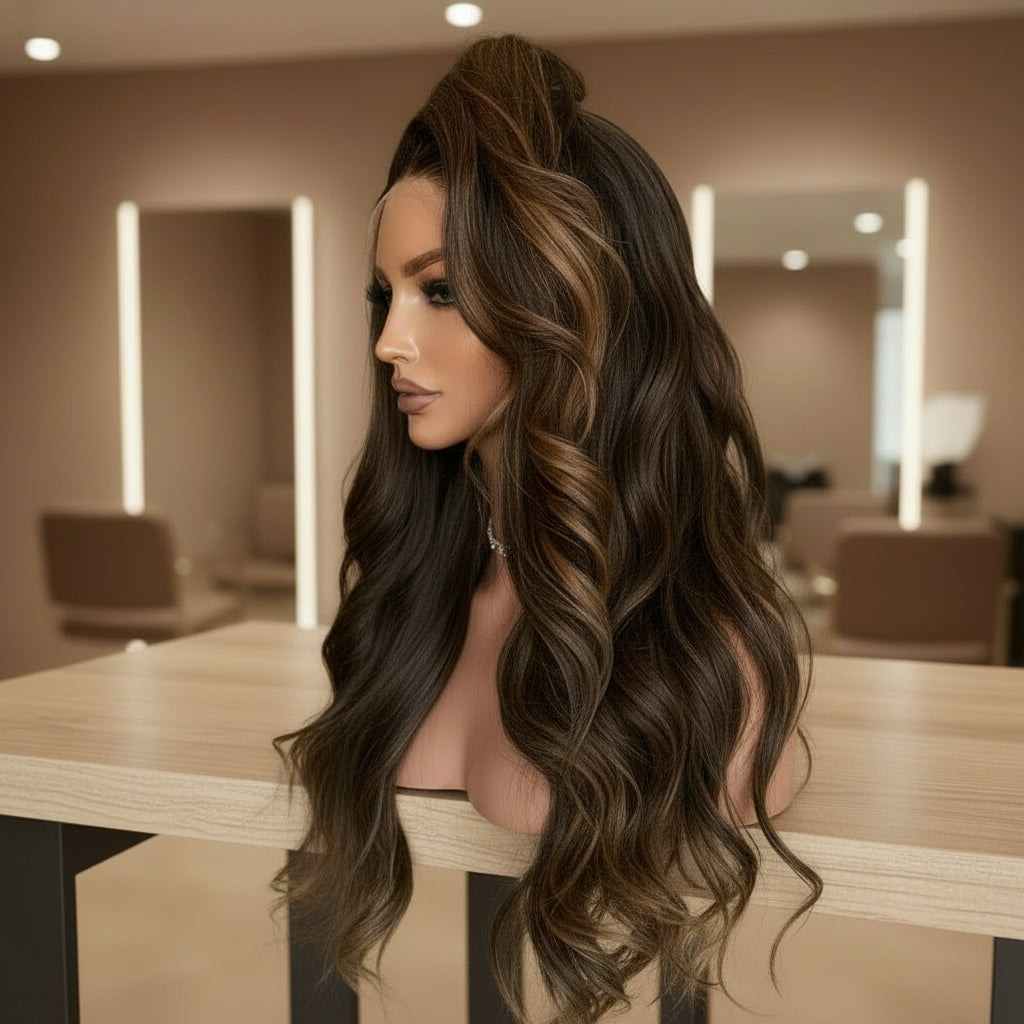 Mannequin head with long brown wig in a salon setting