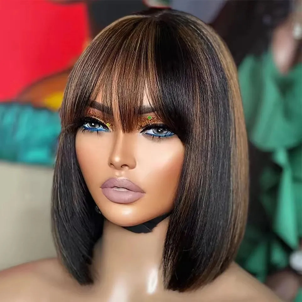 Glueless 4/27 Honey Blonde Highlight Human Hair Wig with Bang