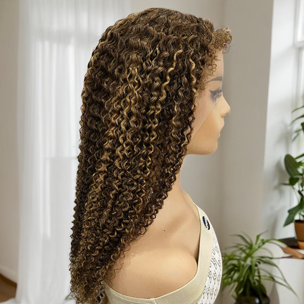 Honey Blonde Highlight 4C Hairline Kinky Curly Lace Front Wig