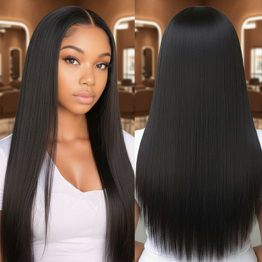 Two views of a model wearing the NuHaire Straight 4x4 HD/Transparent Lace Closure Human Hair Wig, which features a natural black color, premium human hair quality, styling versatility, and a 4x4 lace closure for a natural-looking hairline.