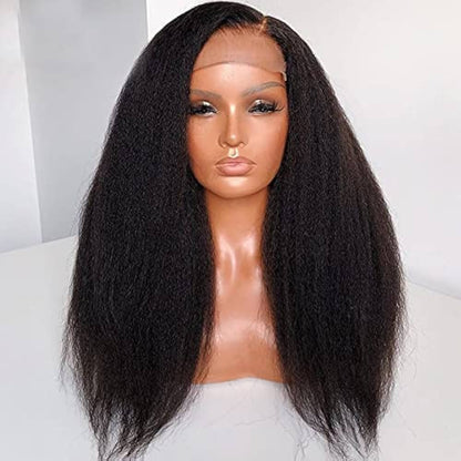 Kinky straight 5x5 HD lace closure human hair wig freshly displayed on mannequin showing kinky straight texture, natural hairline,  long even lengths, full volume 200% density, and parting versatility