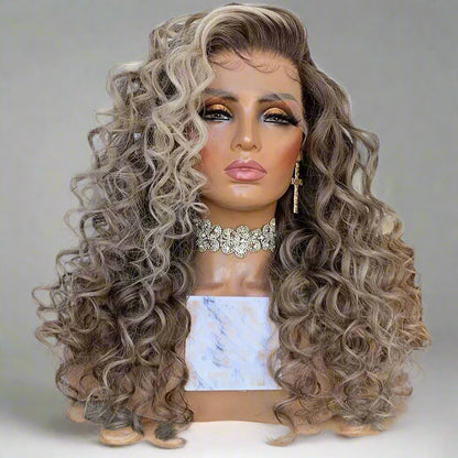 Icy blonde highlight European wig 13x6 lace front showing natural curly texture and cool-toned highlights
