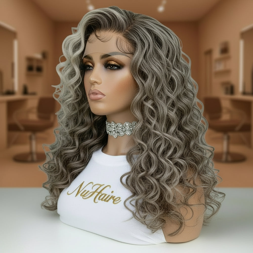 Mannequin head with long, wavy blonde wig wearing a white shirt with 'NuHaire' branding.