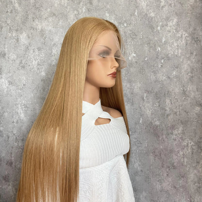 Side view of strawberry blonde 13x6 lace wig showing styling versatility and seamless lace blending