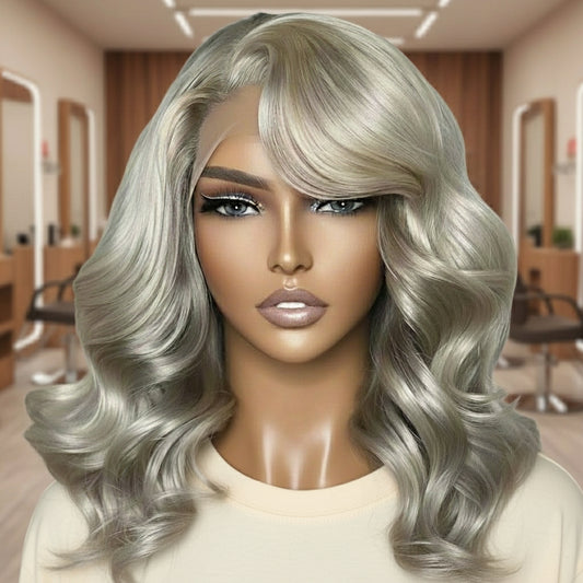 Platinum grey blonde wig displaying natural movement and cool-toned blonde styling versatility