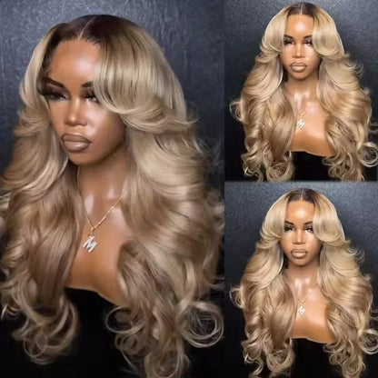 Blonde wig with wavy hair styled on a mannequin head against a dark background.