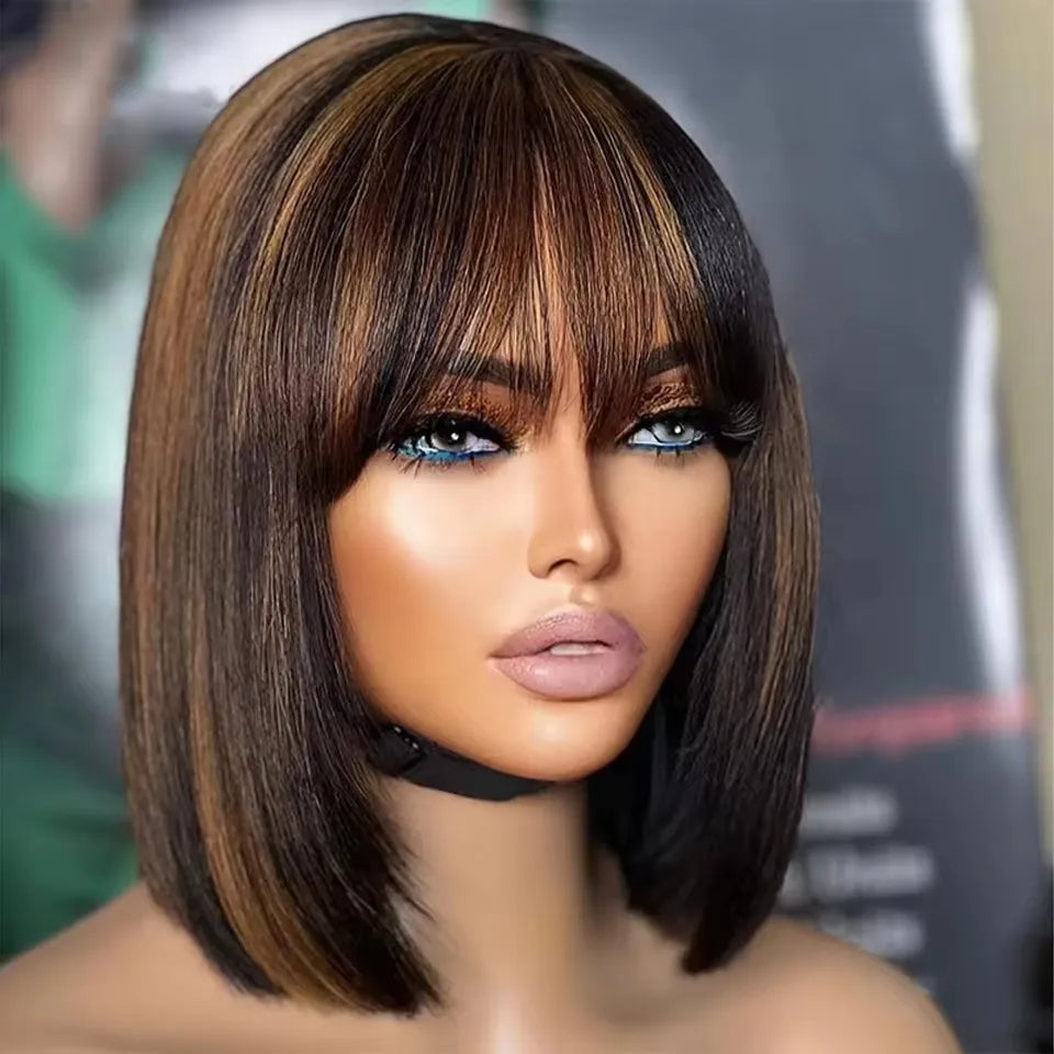 Glueless 4/27 Honey Blonde Highlight Human Hair Wig with Bang