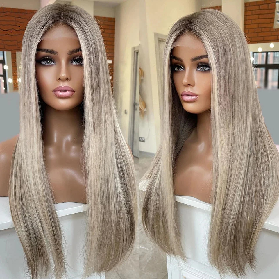 Two mannequin heads with European Human Hair wigs, high-quality texture, natural hairline, 13x6 lace front, and ash grey blonde highlight color
