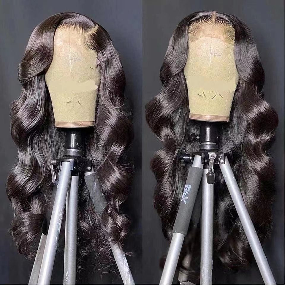 Two-part image of Long 5x5 Transparent lace closure human hair wig freshly displayed on mannequin head showing body wave texture and realistic scalp