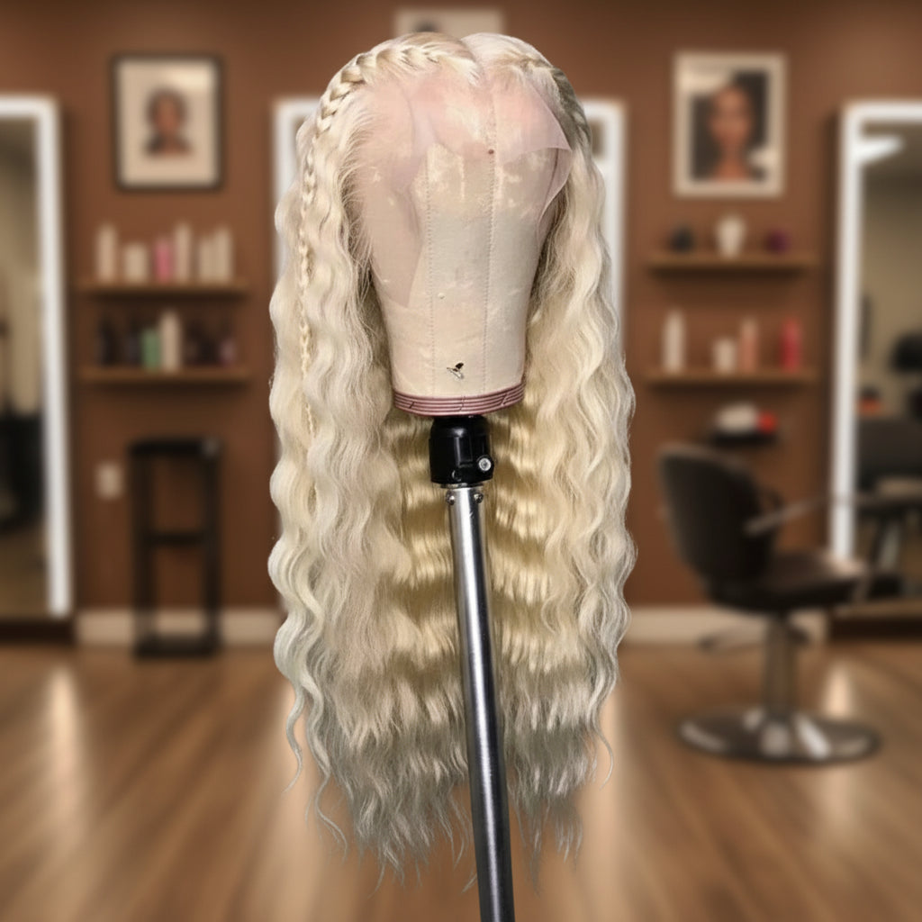 Mannequin head wearing NuHaire #613 Blonde Loose Deep Wave Lace Front Human Hair Wig, showcasing flawless blond color, flowing loose deep waves, premium Human Hair Quality, transparent lace front, and natural hairline.