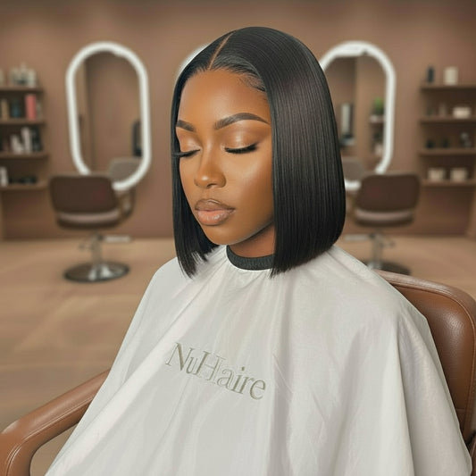 Model sitting in a salon chair wearing the NuHaire Straight Ready-to-Wear Glueless HD Lace Bob Wig, which features a natural black color, premium human hair quality, and an HD Lace Closure for a natural-looking hairline.
