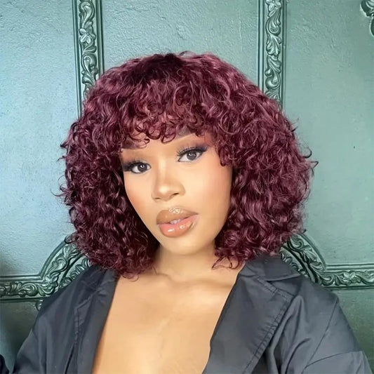 99J Burgundy Curly Wave Bob Wig With Bangs