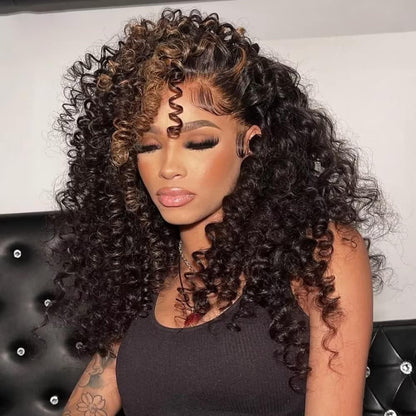 Different angle of Model showcasing NuHaire's Honey Blonde Skunk Stripe Burmese Spring Curly Wig, featuring a dark brown base with honey blonde skunk stripe highlights, bouncy spring curls, premium Burmese human hair, and a 13x4 HD transparent lace front.