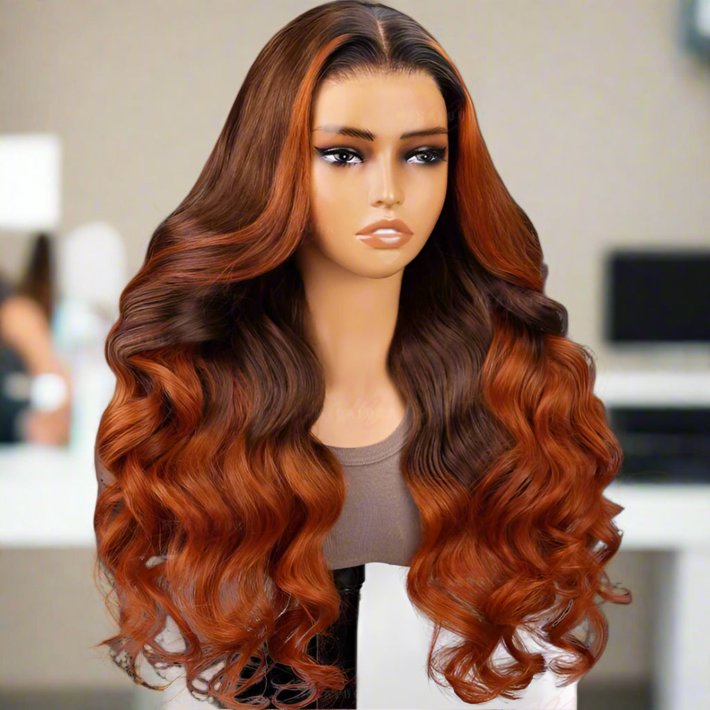 Ginger ombre 6x5 precut glueless body wave wig showing front views with brown to ginger color transition in NuHaire salon