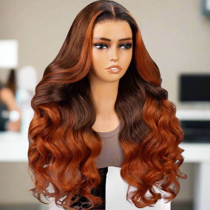 Ginger ombre 6x5 precut glueless body wave wig showing front views with brown to ginger color transition in NuHaire salon