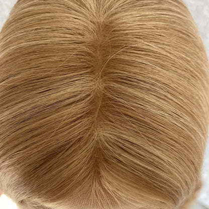 Close-up view of 8/24 duo tone ash brown wig showing ultra-realistic scalp appearance and monofilament lace detail